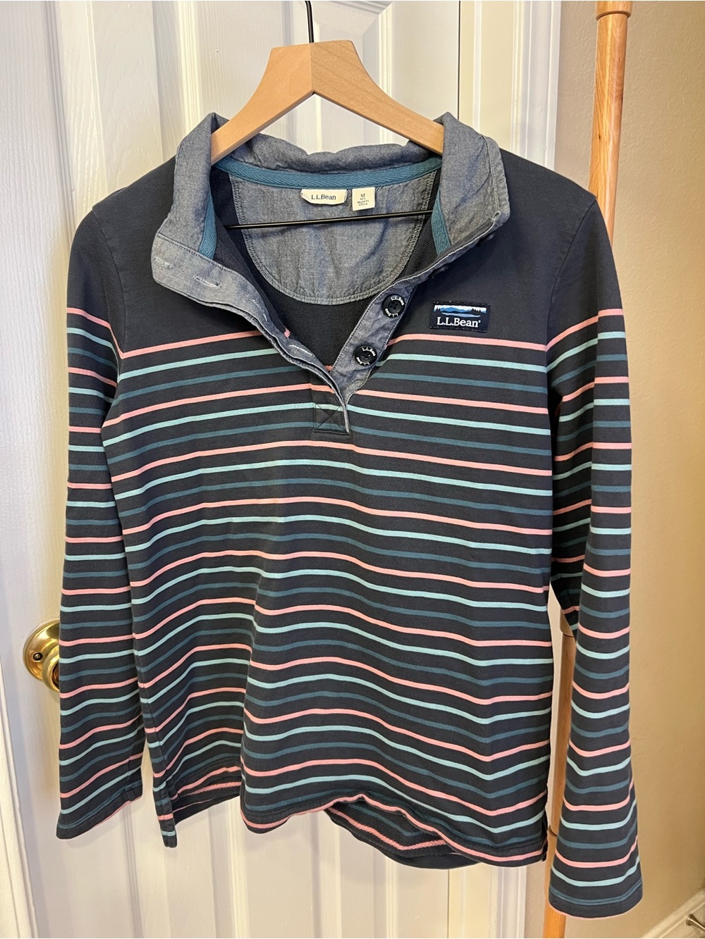 L.L. Bean Navy Striped Pullover with Pink and Teal Accents